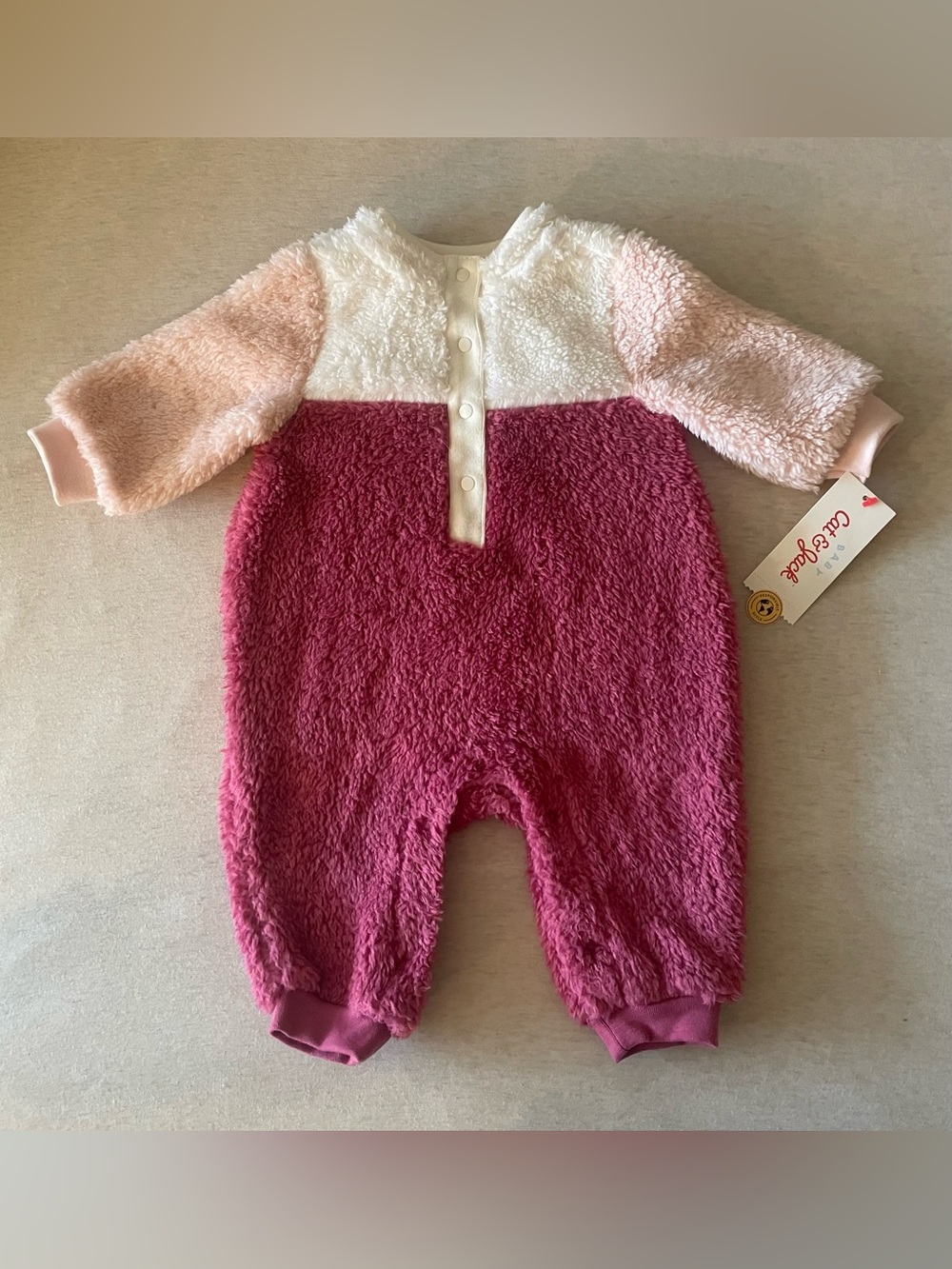 NWT Cat & Jack Baby Girls Fuzzy Pink & White One-Piece Warm Outfit Size 0-3 mos